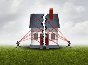 Broken family after a bitter divorce settlement and separation with a couple in a bad relationship breaking a house apart showing the concept of a marriage dispute and dividing assets with 3D illustration elements.