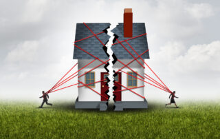 Broken family after a bitter divorce settlement and separation with a couple in a bad relationship breaking a house apart showing the concept of a marriage dispute and dividing assets with 3D illustration elements.